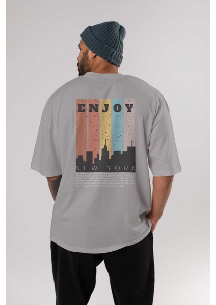 Enjoy New York Yazılı Arka Baskılı Gri Oversize T-Shirt Unisex Erkek Kadın Bisiklet Yaka fırsatları