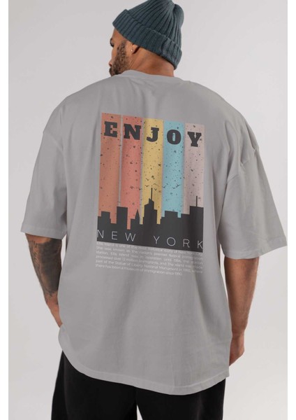Enjoy New York Yazılı Arka Baskılı Gri Oversize T-Shirt Unisex Erkek Kadın Bisiklet Yaka indirimleri