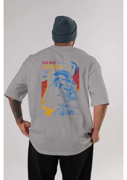 Star Wars Arka Baskılı Gri Oversize T-Shirt Bisiklet Yaka Pamuk Erkek Kadın