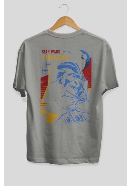 Star Wars Arka Baskılı Gri Oversize T-Shirt Bisiklet Yaka Pamuk Erkek Kadın fiyatları