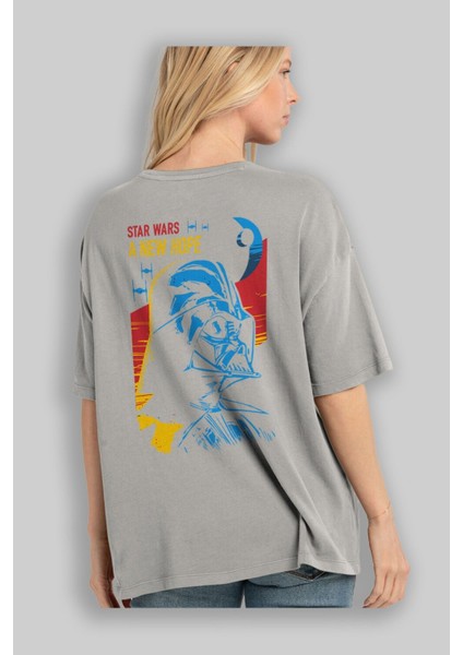 Star Wars Arka Baskılı Gri Oversize T-Shirt Bisiklet Yaka Pamuk Erkek Kadın modelleri