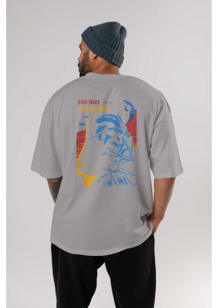 Star Wars Arka Baskılı Gri Oversize T-Shirt Bisiklet Yaka Pamuk Erkek Kadın fırsatları