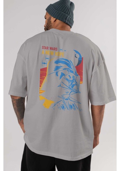Star Wars Arka Baskılı Gri Oversize T-Shirt Bisiklet Yaka Pamuk Erkek Kadın indirimleri