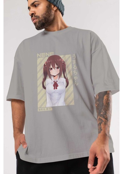 Nene Ebina 1 Anime Ön Baskılı Gri Oversize T-Shirt %100 Pamuk Erkek Kadın modelleri