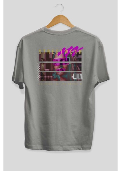 Futuristic Streetwear 2 Arka Baskılı Gri Oversize T-Shirt Unisex Erkek Kadın Bisiklet Yaka fiyatları