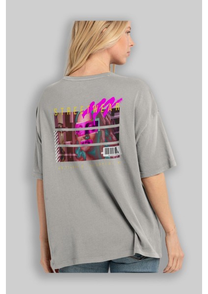 Futuristic Streetwear 2 Arka Baskılı Gri Oversize T-Shirt Unisex Erkek Kadın Bisiklet Yaka modelleri
