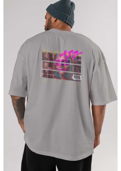 Futuristic Streetwear 2 Arka Baskılı Gri Oversize T-Shirt Unisex Erkek Kadın Bisiklet Yaka indirimleri