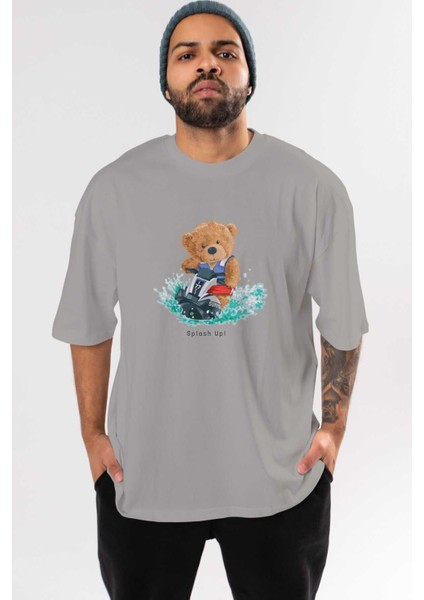 Teddy Bear Splash Up Ön Baskılı Gri Oversize T-Shirt Unisex Erkek Kadın Bisiklet Yaka