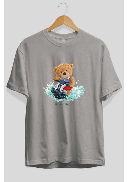Teddy Bear Splash Up Ön Baskılı Gri Oversize T-Shirt Unisex Erkek Kadın Bisiklet Yaka fiyatları