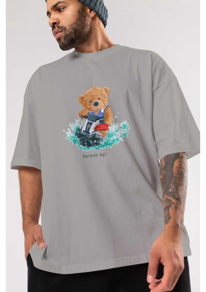 Teddy Bear Splash Up Ön Baskılı Gri Oversize T-Shirt Unisex Erkek Kadın Bisiklet Yaka modelleri