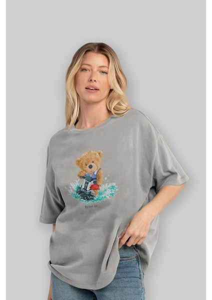 Teddy Bear Splash Up Ön Baskılı Gri Oversize T-Shirt Unisex Erkek Kadın Bisiklet Yaka fırsatları