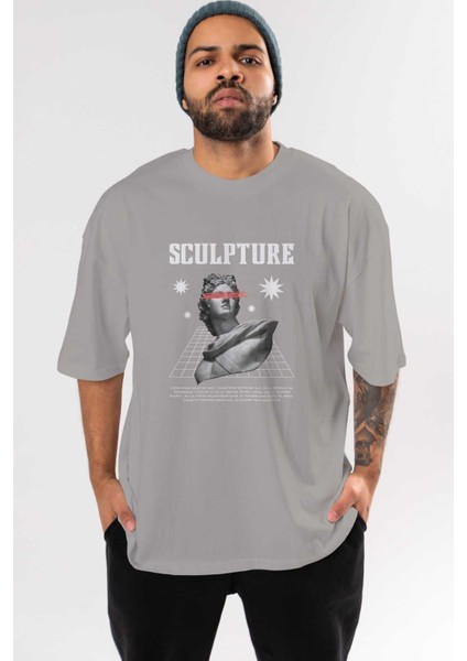 Sculpture Yazılı Ön Baskılı Gri Oversize T-Shirt Unisex Erkek Kadın Bisiklet Yaka