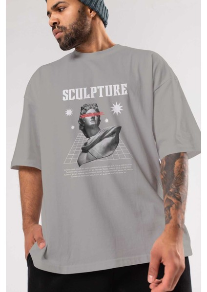 Sculpture Yazılı Ön Baskılı Gri Oversize T-Shirt Unisex Erkek Kadın Bisiklet Yaka modelleri