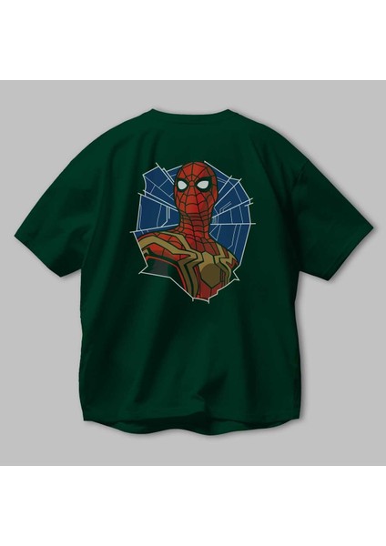 Spiderman (29) Arka Baskılı Zümrüt Yeşili Oversize T-Shirt Bisiklet Yaka Erkek Kadın modelleri