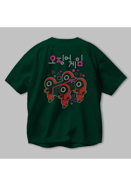 Squid Game (6) Arka Baskılı Zümrüt Yeşili Oversize T-Shirt Bisiklet Yaka Erkek Kadın modelleri