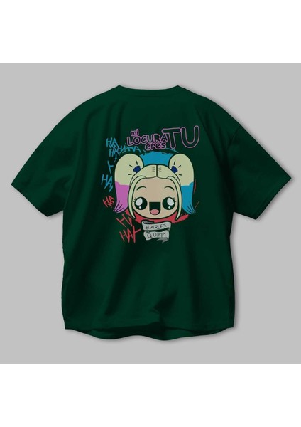 Harley Quinn Arka Baskılı Zümrüt Yeşili Oversize T-Shirt Bisiklet Yaka Erkek Kadın modelleri