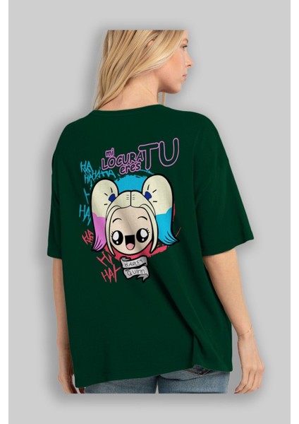 Harley Quinn Arka Baskılı Zümrüt Yeşili Oversize T-Shirt Bisiklet Yaka Erkek Kadın fırsatları