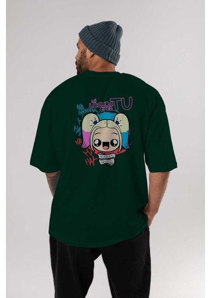 Harley Quinn Arka Baskılı Zümrüt Yeşili Oversize T-Shirt Bisiklet Yaka Erkek Kadın indirimleri