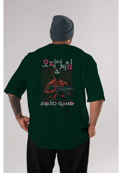 Squid Game (2) Arka Baskılı Zümrüt Yeşili Oversize T-Shirt Bisiklet Yaka Erkek Kadın