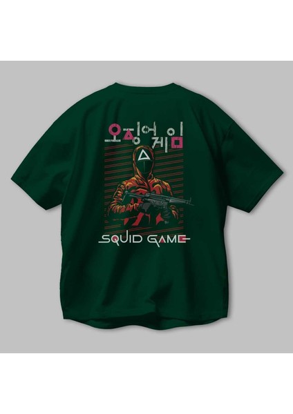 Squid Game (2) Arka Baskılı Zümrüt Yeşili Oversize T-Shirt Bisiklet Yaka Erkek Kadın modelleri