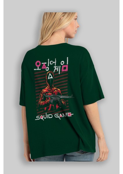 Squid Game (2) Arka Baskılı Zümrüt Yeşili Oversize T-Shirt Bisiklet Yaka Erkek Kadın fırsatları