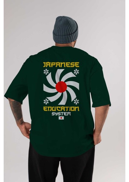 Japanese Education Arka Baskılı Zümrüt Yeşili Oversize T-Shirt Unisex Erkek Kadın Bisiklet Yaka