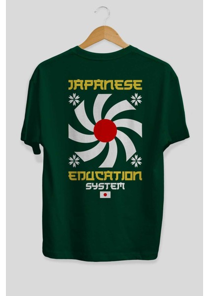 Japanese Education Arka Baskılı Zümrüt Yeşili Oversize T-Shirt Unisex Erkek Kadın Bisiklet Yaka fiyatları