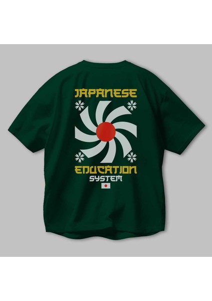 Japanese Education Arka Baskılı Zümrüt Yeşili Oversize T-Shirt Unisex Erkek Kadın Bisiklet Yaka modelleri
