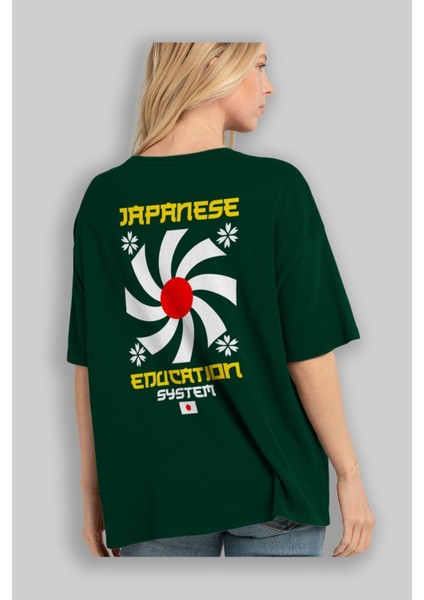 Japanese Education Arka Baskılı Zümrüt Yeşili Oversize T-Shirt Unisex Erkek Kadın Bisiklet Yaka fırsatları
