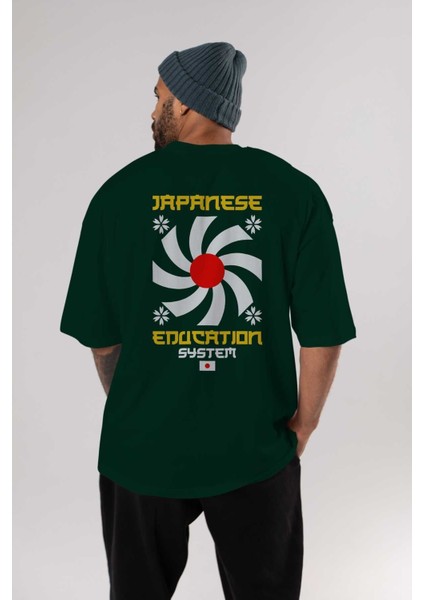 Japanese Education Arka Baskılı Zümrüt Yeşili Oversize T-Shirt Unisex Erkek Kadın Bisiklet Yaka indirimleri