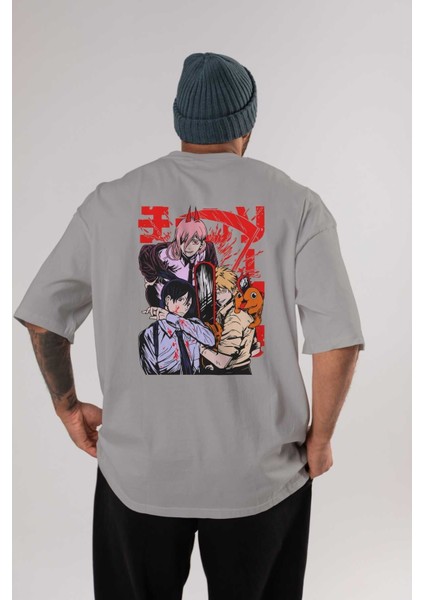 Chaınsawman Crew Anime Arka Baskılı Gri Oversize T-Shirt %100 Pamuk Erkek Kadın
