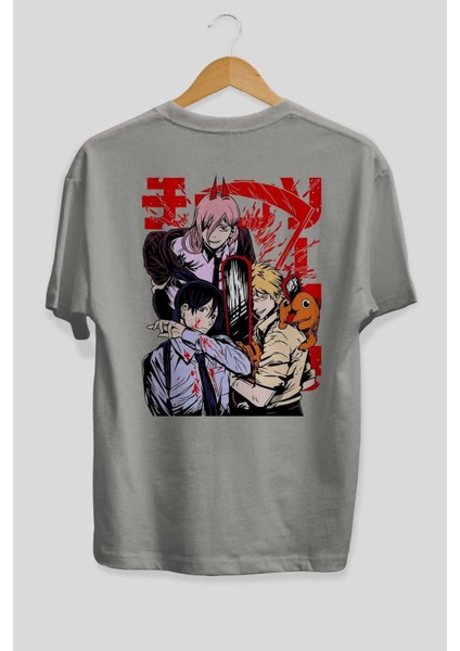 Chaınsawman Crew Anime Arka Baskılı Gri Oversize T-Shirt %100 Pamuk Erkek Kadın fiyatları