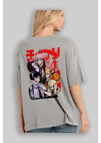 Chaınsawman Crew Anime Arka Baskılı Gri Oversize T-Shirt %100 Pamuk Erkek Kadın modelleri
