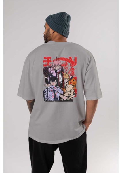 Chaınsawman Crew Anime Arka Baskılı Gri Oversize T-Shirt %100 Pamuk Erkek Kadın fırsatları