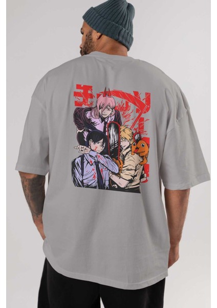 Chaınsawman Crew Anime Arka Baskılı Gri Oversize T-Shirt %100 Pamuk Erkek Kadın indirimleri