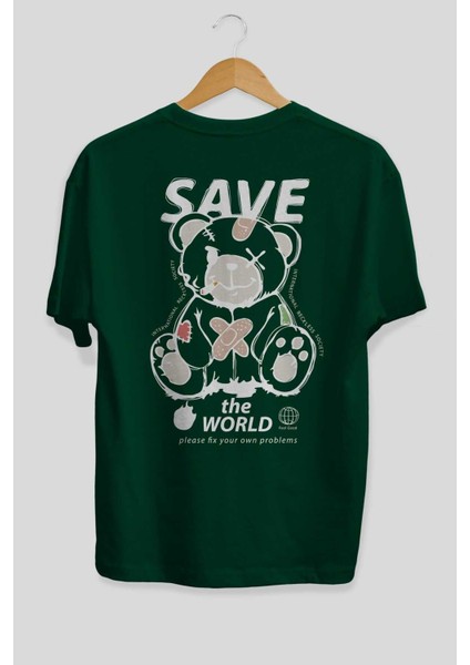 Save The World Bear Arka Baskılı Zümrüt Yeşili Oversize T-Shirt Erkek Kadın Bisiklet Yaka fiyatları