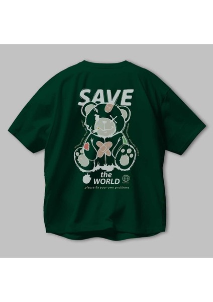 Save The World Bear Arka Baskılı Zümrüt Yeşili Oversize T-Shirt Erkek Kadın Bisiklet Yaka modelleri