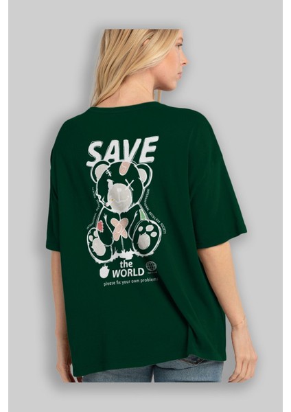 Save The World Bear Arka Baskılı Zümrüt Yeşili Oversize T-Shirt Erkek Kadın Bisiklet Yaka fırsatları