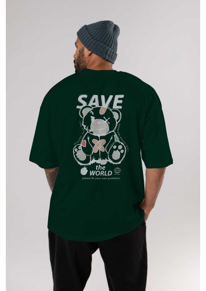 Save The World Bear Arka Baskılı Zümrüt Yeşili Oversize T-Shirt Erkek Kadın Bisiklet Yaka indirimleri