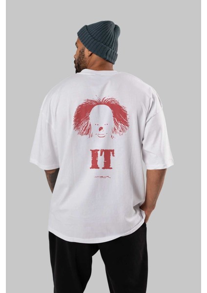 It Arka Baskılı Beyaz Oversize T-Shirt Bisiklet Yaka Pamuk Erkek Kadın fırsatları