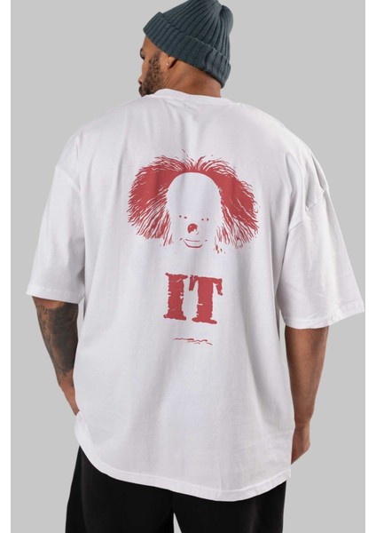 It Arka Baskılı Beyaz Oversize T-Shirt Bisiklet Yaka Pamuk Erkek Kadın indirimleri