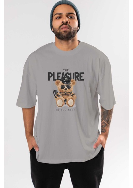 Teddy Bear The Pleasure Ön Baskılı Gri Oversize T-Shirt Unisex Erkek Kadın Bisiklet Yaka