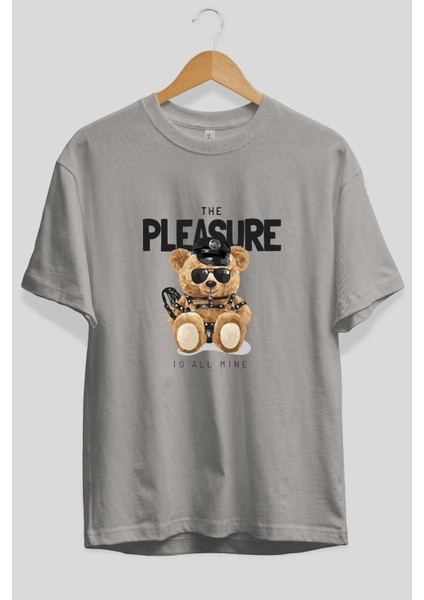 Teddy Bear The Pleasure Ön Baskılı Gri Oversize T-Shirt Unisex Erkek Kadın Bisiklet Yaka fiyatları