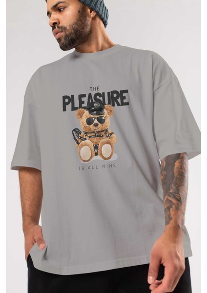 Teddy Bear The Pleasure Ön Baskılı Gri Oversize T-Shirt Unisex Erkek Kadın Bisiklet Yaka modelleri