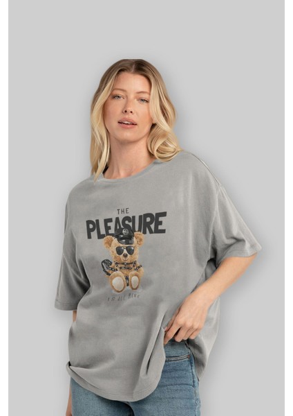 Teddy Bear The Pleasure Ön Baskılı Gri Oversize T-Shirt Unisex Erkek Kadın Bisiklet Yaka fırsatları