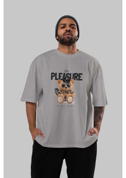 Teddy Bear The Pleasure Ön Baskılı Gri Oversize T-Shirt Unisex Erkek Kadın Bisiklet Yaka indirimleri
