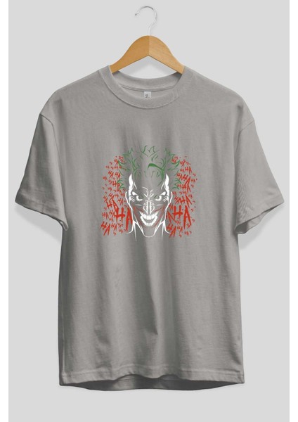 Joker (5) Ön Baskılı Gri Oversize T-Shirt Bisiklet Yaka Pamuk Erkek Kadın fiyatları