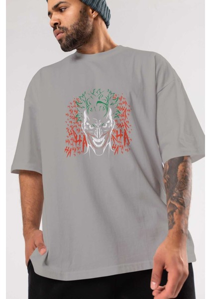 Joker (5) Ön Baskılı Gri Oversize T-Shirt Bisiklet Yaka Pamuk Erkek Kadın modelleri