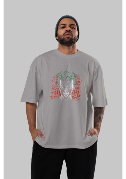 Joker (5) Ön Baskılı Gri Oversize T-Shirt Bisiklet Yaka Pamuk Erkek Kadın indirimleri