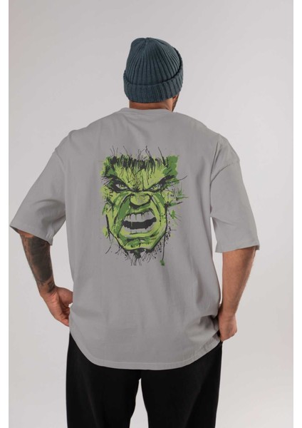 Hulk (4) Arka Baskılı Gri Oversize T-Shirt Bisiklet Yaka Pamuk Erkek Kadın